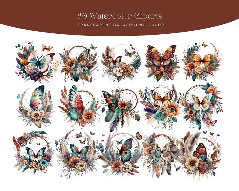 May include: 30 Watercolor Cliparts: A set of 30 watercolor clipart images featuring butterflies, dreamcatchers, and floral arrangements. The images are on a transparent background and are perfect for digital scrapbooking, card making, and other creative projects.