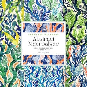 May include: Seamless patterns of abstract seaweed in shades of blue, green, orange, and yellow. The patterns are labelled "Abstract Macroalgae" and "Seamless Patterns".