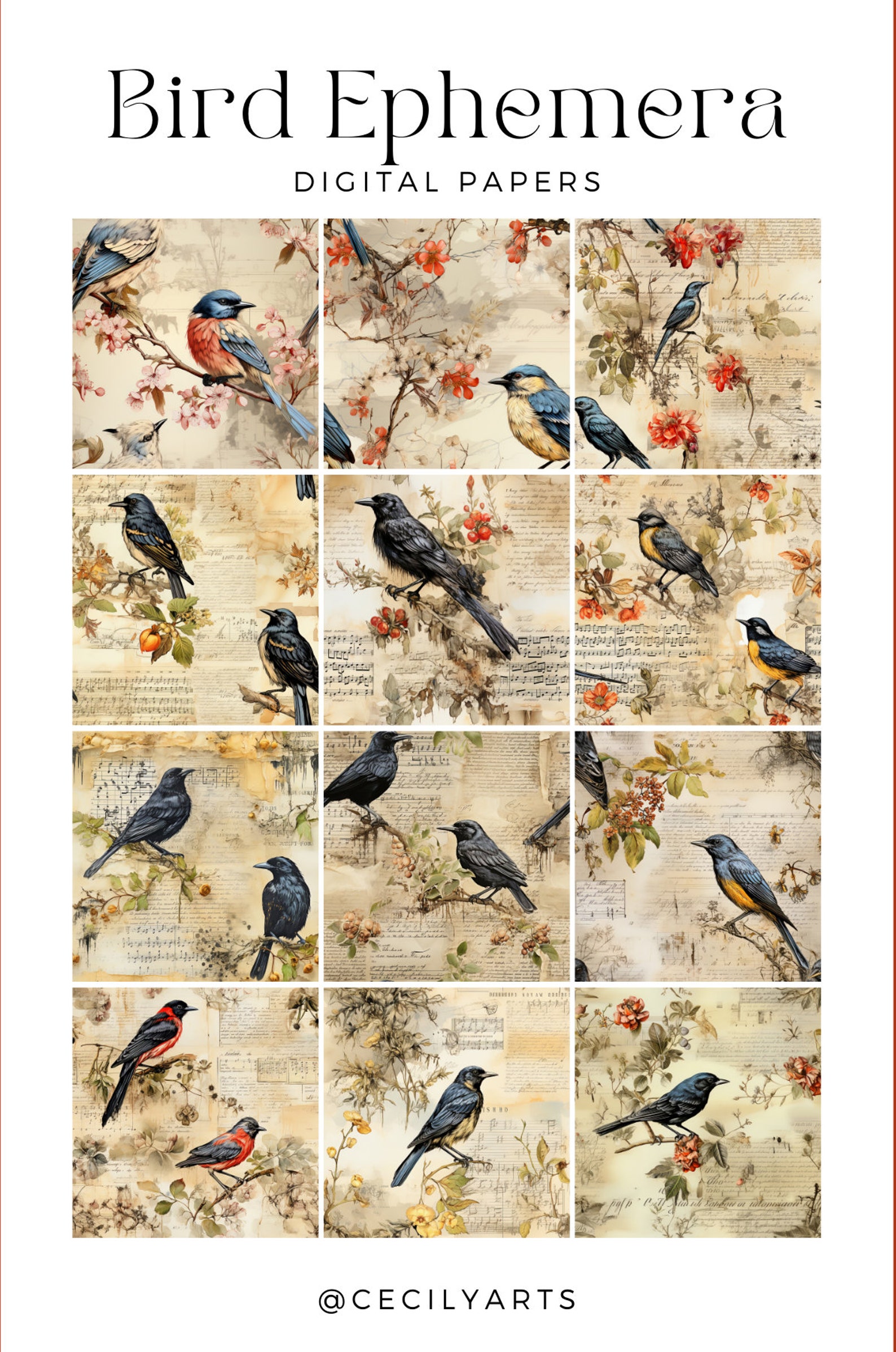 Watercolor Birds Ephemera Junk Journal Printable Page, Birds Junk ...