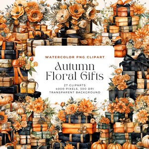 Watercolor Floral Autumn Gifts Clipart, Pumpkin Clipart, Autumn Leaves, Watercolor Fall Floral, Fall Clipart, Commercial License