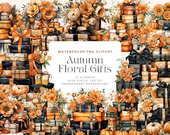 Acuarela Floral Otoño Regalos Clipart, Calabaza Clipart, Hojas de Otoño, Acuarela Otoño Floral, Otoño Clipart, Licencia Comercial