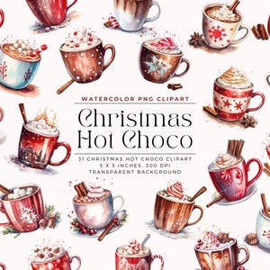 Christmas Hot Choco PNG, Watercolor Cup of Chocolate Clipart, Christmas PNG, Elements, Commercial Use, Digital clipart PNG