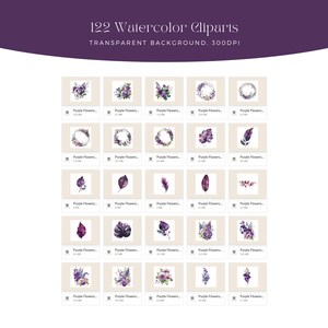 May include: A set of 122 watercolor clipart images featuring purple flowers, leaves, and wreaths. The images have a transparent background and are 300 DPI.