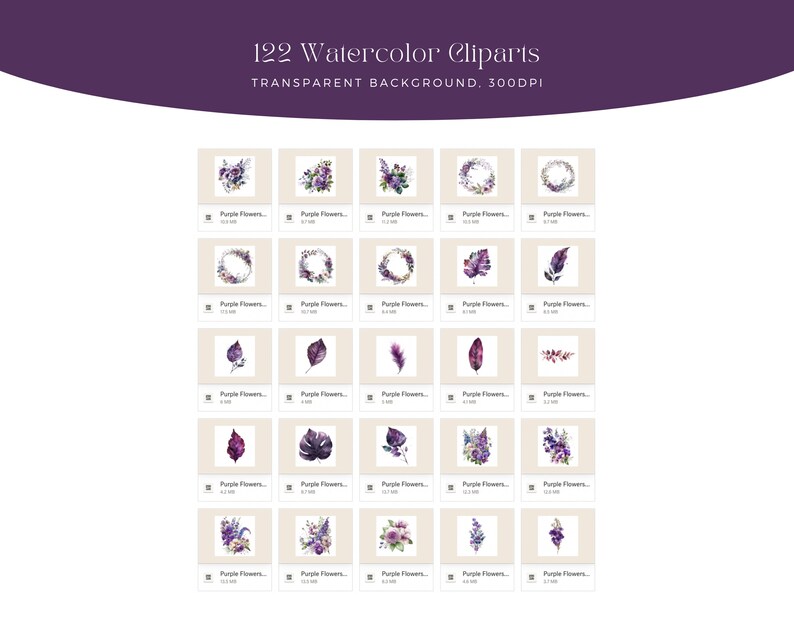 May include: A set of 122 watercolor clipart images featuring purple flowers, leaves, and wreaths. The images have a transparent background and are 300 DPI.