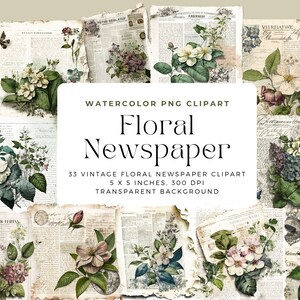 Peut inclure: Un ensemble de 33 images clipart de journaux floraux vintage. Chaque image présente un arrangement floral différent sur un fond de journal vintage. Les images mesurent 12,7 cm sur 12,7 cm et 300 DPI.
