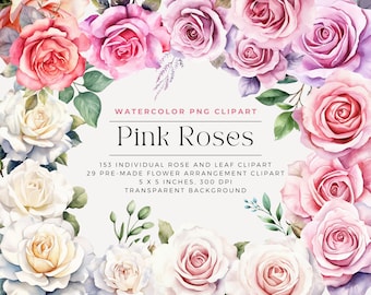 Pink Roses Flowers PNG, Watercolor Floral Clipart Bouquets, Elements, Commercial Use, Digital clipart PNG