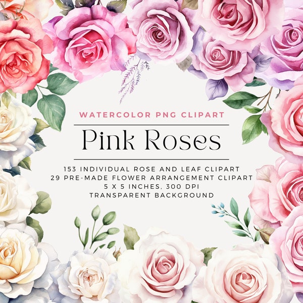 Pink Roses Flowers PNG, Watercolor Floral Clipart Bouquets, Elements, Commercial Use, Digital clipart PNG