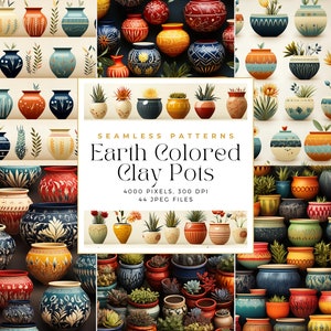 May include: A collection of 44 seamless patterns featuring colorful clay pots with various designs. The pots are decorated with geometric patterns, floral motifs, and abstract shapes. The patterns are perfect for creating backgrounds, wrapping paper, or fabric designs.
