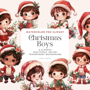 Christmas Boys Cliparts, Christmas Little Boy Watercolor Clipart Bundle, Digital Watercolor, Printable PNG, Scrapbooking, Commercial License