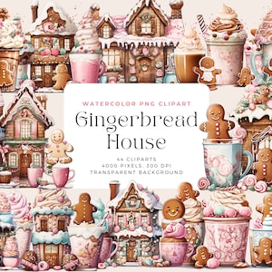 Pastel Gingerbread Latte House Cliparts, Commercial use, Digital Download, Watercolor Clipart, Christmas Clipart, Commercial License