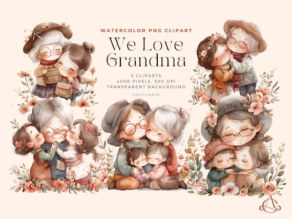 We Love Grandma Clipart, Grandparent PNG, Grandma Clipart, Digital Watercolor Clipart, Printable PNG, Scrapbooking, Commercial License