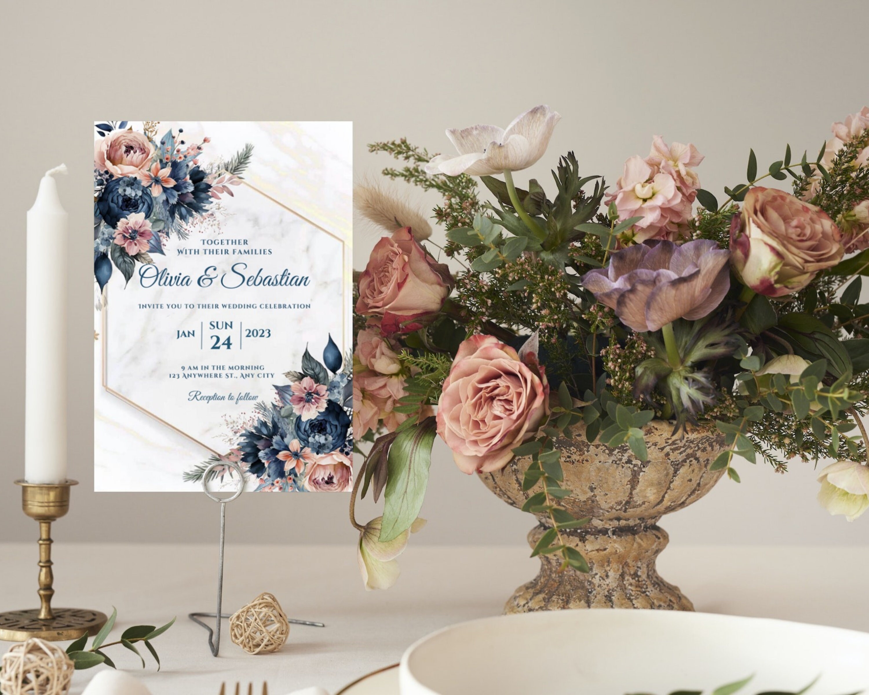 Blush and Navy Flowers PNG, Watercolor Floral Clipart Bouquets ...