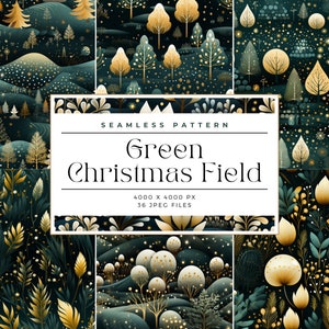 May include: A set of 36 seamless patterns featuring a green Christmas field with gold trees and sparkling lights. The patterns are 4000 x 4000 pixels and are perfect for creating festive backgrounds, wrapping paper, or other holiday crafts.
