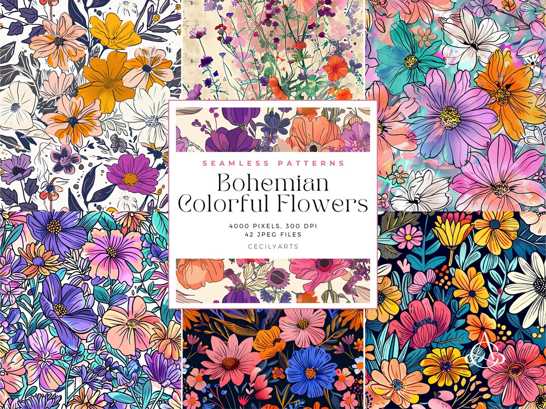 Bohemian Floral Seamless Patterns | Colorful Flower Digital Papers for ...