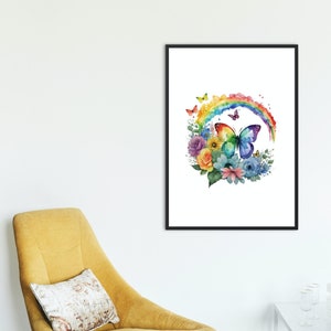 May include: A watercolor painting of a rainbow with a butterfly in the center. The butterfly is blue and purple with rainbow wings. The rainbow is surrounded by flowers in shades of yellow, pink, purple, and blue.