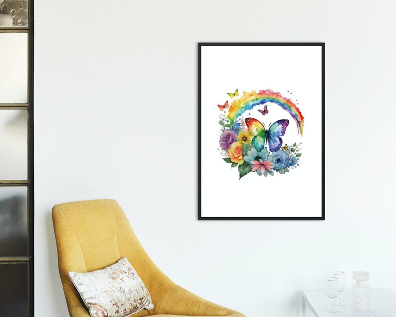 May include: A watercolor painting of a rainbow with a butterfly in the center. The butterfly is blue and purple with rainbow wings. The rainbow is surrounded by flowers in shades of yellow, pink, purple, and blue.