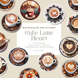 May include: A set of 35 watercolor clipart images of coffee cups with latte art in the shape of hearts. The images are on a transparent background and are 4000 pixels by 300 DPI.
