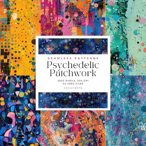 Peut inclure: Un ensemble de 40 motifs numériques sans couture présentant des designs de patchwork psychédélique dans des couleurs vibrantes comme le bleu, le jaune, le rose et le vert. Les motifs mesurent 5840 pixels et 300 DPI. Le texte "Seamless Patterns Psychedelic Patchwork 5840 Pixels, 300 DPI 40 JPEG Files Cecilyarts" est affiché au centre de l'image.