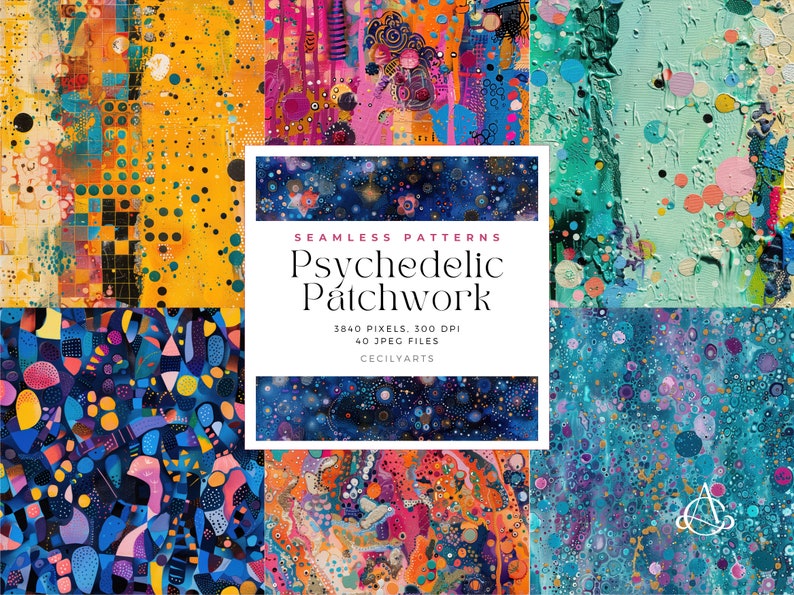 May include: A set of 40 digital seamless patterns featuring psychedelic patchwork designs in vibrant colours like blue, yellow, pink, and green. The patterns are 5840 pixels and 300 DPI. The text "Seamless Patterns Psychedelic Patchwork 5840 Pixels, 300 DPI 40 JPEG Files Cecilyarts" is displayed in the centre of the image.