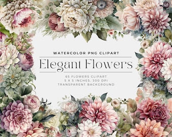 Elegant Flowers PNG, Watercolor Floral Clipart Bouquets, Elements, Commercial Use, Digital clipart PNG