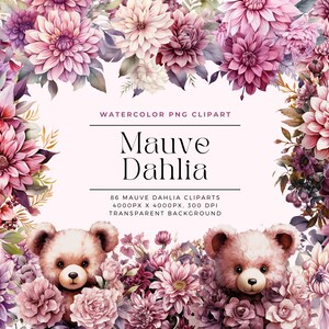 Mauve Pink Dahlia Watercolor Clipart, PNG Floral Bouquets (Digital Download)