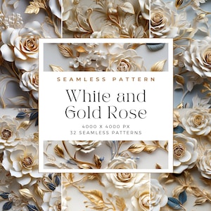 3D White and Gold Roses Floral SEAMLESS Patterns - 3D White and Gold Roses Flowers Digital Paper, Journaling, Seamless Pattern Tiles