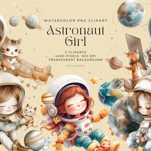 Niedliches Astronauten-Mädchen, Weltraum-Kinder-Galaxie-Clipart-Bundle, Astronaut-Kinderzimmer-Clipart, Baby-Einladungskarten, Kinderzimmer-PNG, kommerzielle Lizenz