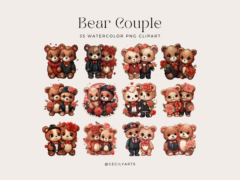 Valentine Bear Couple Clipart | Romantic Teddy Bear Pngs for Cards ...