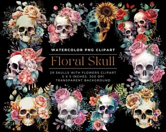 May include: A set of 29 watercolor clipart images of floral skulls. Each skull is adorned with colorful flowers, including roses, sunflowers, and other blooms. The skulls are rendered in a realistic style with intricate details. The images are perfect for creating digital designs, invitations, and other projects.