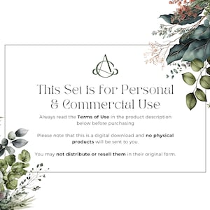 以下が含まれることがあります： 緑の葉が両側に付いた白いカード。カードには「This Set is for Personal & Commercial Use. Always read the Terms of Use in the product description below before purchasing. Please note that this is a digital download and no physical products will be sent to you. You may not distribute or resell them in their original form.」というテキストが書かれています。