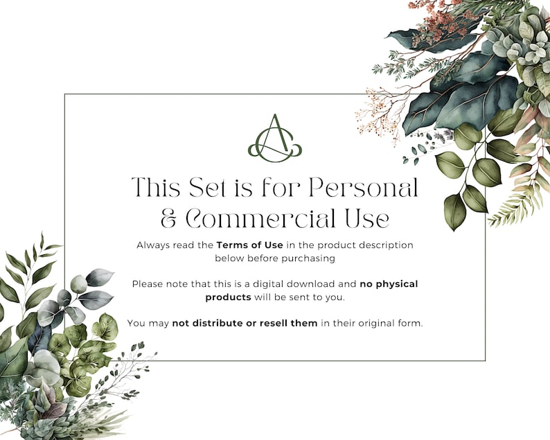 以下が含まれることがあります： 緑の葉が両側に付いた白いカード。カードには「This Set is for Personal & Commercial Use. Always read the Terms of Use in the product description below before purchasing. Please note that this is a digital download and no physical products will be sent to you. You may not distribute or resell them in their original form.」というテキストが書かれています。