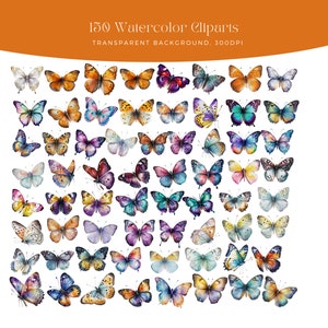 May include: A collection of 150 watercolor butterfly illustrations with transparent backgrounds. The butterflies are in various colors, including blue, purple, orange, yellow, and green.