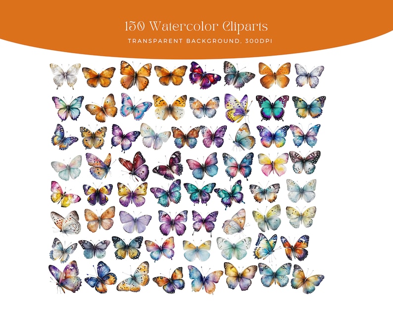 May include: A collection of 150 watercolor butterfly illustrations with transparent backgrounds. The butterflies are in various colors, including blue, purple, orange, yellow, and green.
