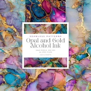 May include: A set of 44 seamless digital paper patterns featuring abstract swirls of opal and gold alcohol ink. The patterns are 3840 pixels by 3840 pixels and 300 DPI.