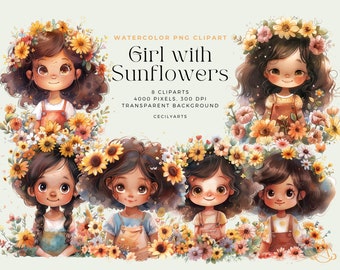 Ragazza afro-americana con girasoli clipart, download digitale, file PNG, ragazze, diario spazzatura, scrapbooking, licenza commerciale