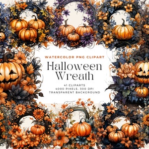 Watercolor Halloween Wreath Cliparts Collection Clipart, Pumpkin Clipart, Spooky Clipart PNG, Jack-o-lantern, Wreath, Commercial License