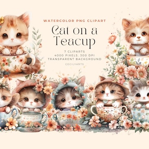 Cat on a Teacup Cliparts, Watercolor Cute Sun Clipart, Commercial Use, Weather Clip Art, Commercial License