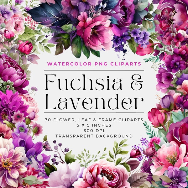 Fuchsia & Lavender Watercolor Clipart Flowers PNG, Watercolor Floral Clipart Bouquets, Elements, Commercial Use, Digital clipart PNG