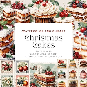 Christmas Cakes PNG, Christmas Desserts, Watercolor Christmas Cake Clipart, Elements, Commercial Use, Digital clipart PNG