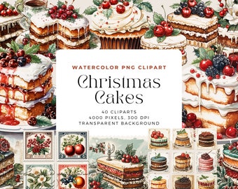 Christmas Cakes PNG, Christmas Desserts, Watercolor Christmas Cake Clipart, Elements, Commercial Use, Digital clipart PNG