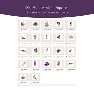 May include: A set of 122 watercolor clipart images featuring purple flowers, leaves, and floral arrangements. The images are on a transparent background and are 300 DPI.
