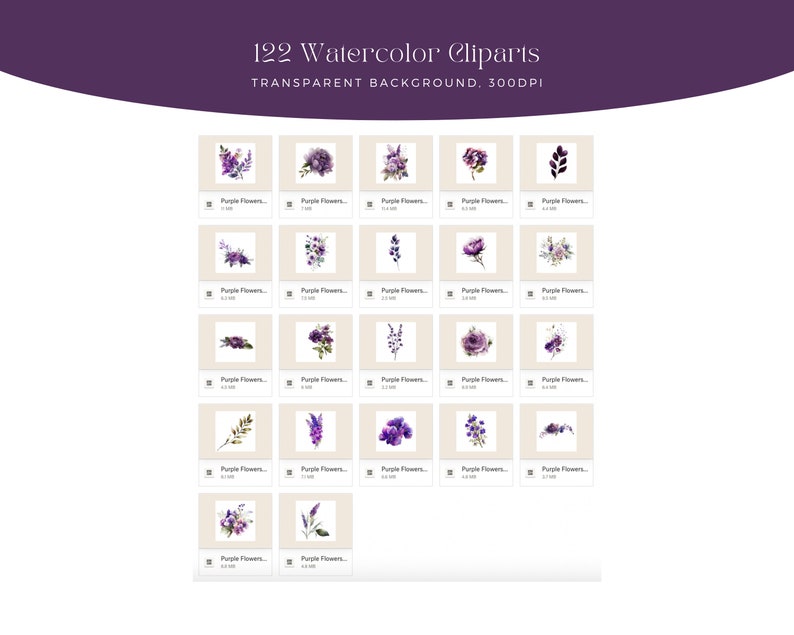 May include: A set of 122 watercolor clipart images featuring purple flowers, leaves, and floral arrangements. The images are on a transparent background and are 300 DPI.