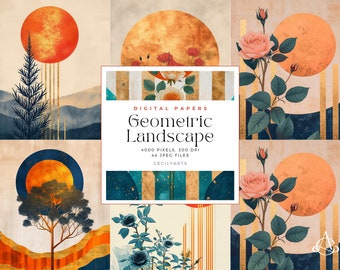 Geometric Landscape Backgrounds, Digital Paper, Junk Journal Paper, Printable Paper, Commercial Use, Digital paper