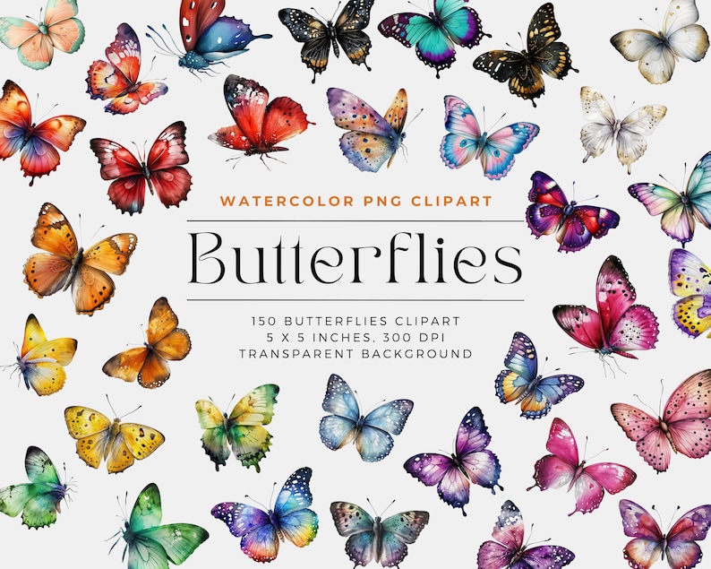 May include: A collection of 150 watercolor butterfly illustrations with transparent backgrounds. The butterflies are in various colors and patterns, including blue, green, red, orange, yellow, and purple.