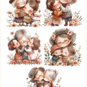 K&ouml;nnte beinhalten: Vier Aquarell-Illustrationen von Gro&szlig;m&uuml;ttern und Enkelinnen, die sich umarmen und l&auml;cheln. Die Illustrationen sind vor einem wei&szlig;en Hintergrund mit floralen Akzenten angeordnet.