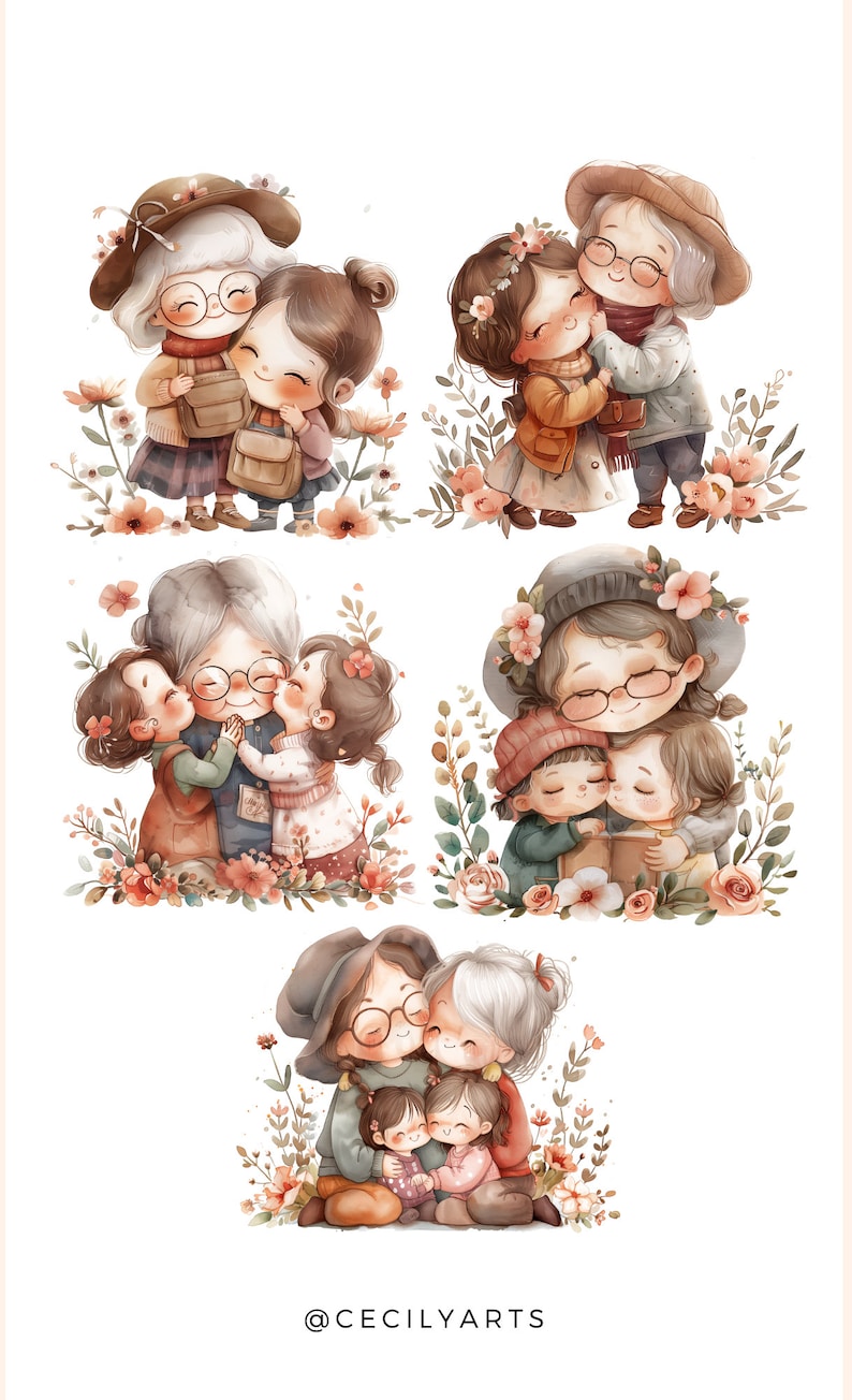 K&ouml;nnte beinhalten: Vier Aquarell-Illustrationen von Gro&szlig;m&uuml;ttern und Enkelinnen, die sich umarmen und l&auml;cheln. Die Illustrationen sind vor einem wei&szlig;en Hintergrund mit floralen Akzenten angeordnet.