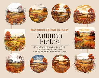 Watercolor Autumn Fields Elements Clipart, Watercolor Field Clipart,  Farm Landscape PNG, Fall Clipart, Commercial License