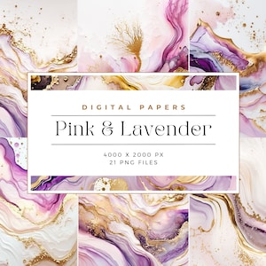 Puede incluir: Papeles digitales en rosa, lavanda y dorado. Los papeles presentan patrones abstractos marmoleados con acentos de purpurina dorada. Hay 21 archivos PNG, cada uno de 4000 x 2000 píxeles.