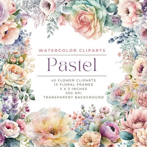 Pastel Flowers PNG, Watercolor Floral Clipart Bouquets, Elements, Commercial Use, Digital clipart PNG
