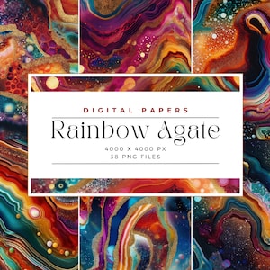 May include: Digital papers featuring abstract rainbow agate patterns in vibrant colours with gold accents. 38 PNG files, 4000 x 4000 pixels.